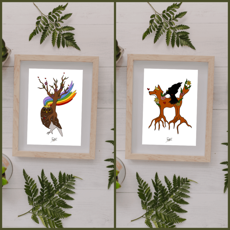 affiche décorative - animaux forêt -chouette chevêche renard - nature
