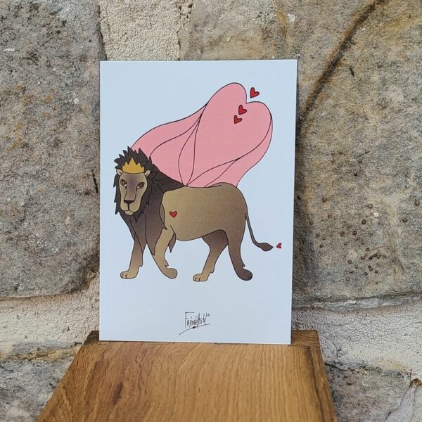 Tendresse-carte illustrée animaux-lion- amour-artisanat français