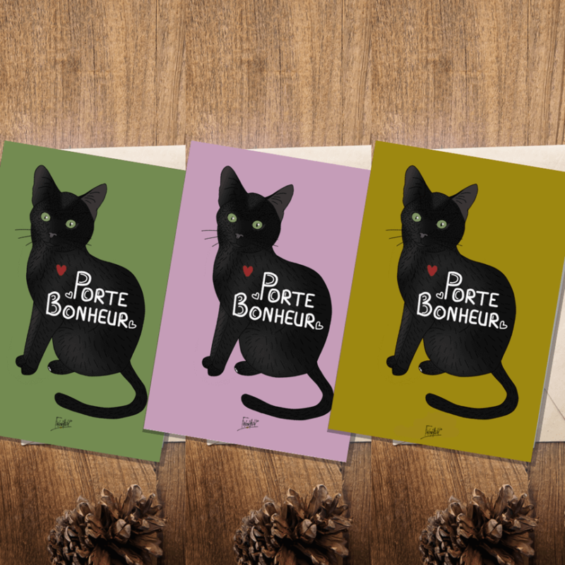 carte chat porte bonheur- good luck-chat noir-chance
